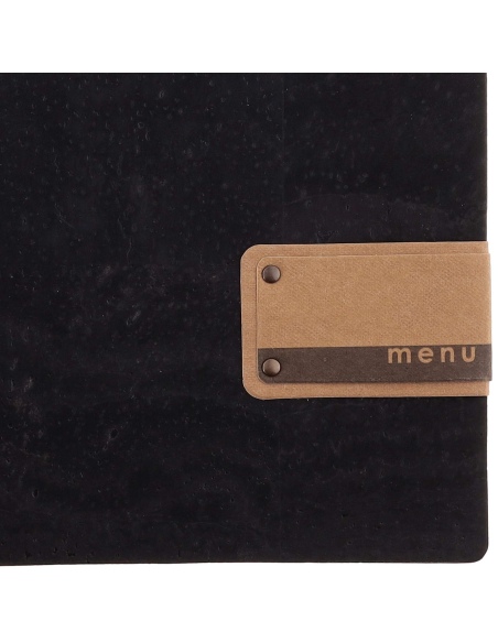 Porta Menu A4 (23,2x31,8 cm) etichetta PATCH "menu" 2 buste (4 facciate) elastico nero SUGHERO NERO sp. 2.5