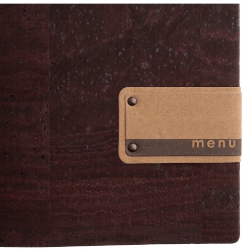Porta Menu A4 SLIM (17,4x31,8 cm) etichetta PATCH "menu" 2 buste (4 facciate) elastico nero SUGHERO MARRONE sp. 2.5