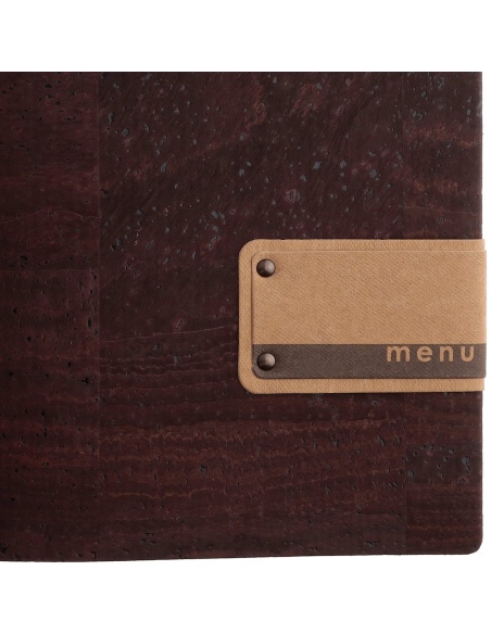 Porta Menu A4 SLIM (17,4x31,8 cm) etichetta PATCH "menu" 2 buste (4 facciate) elastico nero SUGHERO MARRONE sp. 2.5