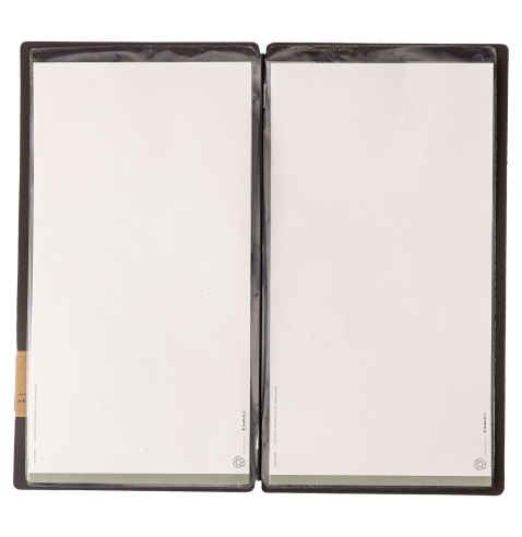 Porta Menu A4 SLIM (17,4x31,8 cm) etichetta PATCH "personalizzata" (minimo 18 pezzi) 2 buste (4 facciate) elastico nero SUGHERO 