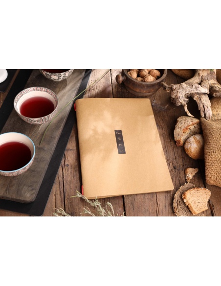 Porta Menu CUSTOM A4 (23,2x31,8 cm) "ZEN NATURAL menu" 2 buste (4 facciate) elastico rosso ECO NATURALE sp. 0.6