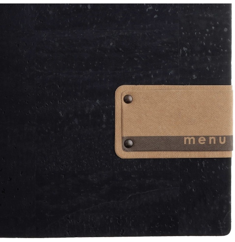 Porta Menu A4 SLIM (17,4x31,8 cm) etichetta PATCH "menu" 2 buste (4 facciate) elastico nero SUGHERO NERO sp. 2.5
