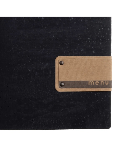 Porta Menu A4 SLIM (17,4x31,8 cm) etichetta PATCH "menu" 2 buste (4 facciate) elastico nero SUGHERO NERO sp. 2.5