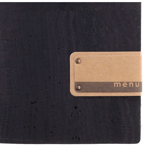 Porta Menu A5 (16,5x23,1 cm) etichetta PATCH "menu" 2 buste (4 facciate) elastico nero SUGHERO NERO sp. 2.5