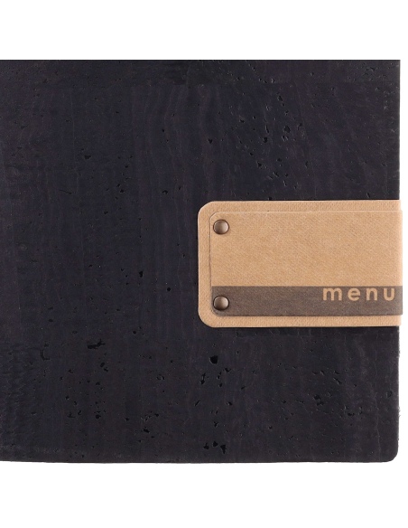 Porta Menu A5 (16,5x23,1 cm) etichetta PATCH "menu" 2 buste (4 facciate) elastico nero SUGHERO NERO sp. 2.5