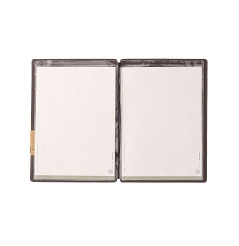 Porta Menu A5 (16,5x23,1 cm) etichetta PATCH "menu" 2 buste (4 facciate) elastico nero SUGHERO MARRONE sp. 2.5