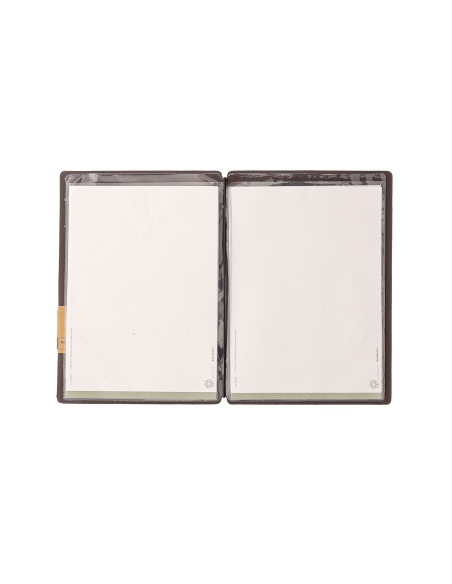 Porta Menu A5 (16,5x23,1 cm) etichetta PATCH "menu" 2 buste (4 facciate) elastico nero SUGHERO MARRONE sp. 2.5