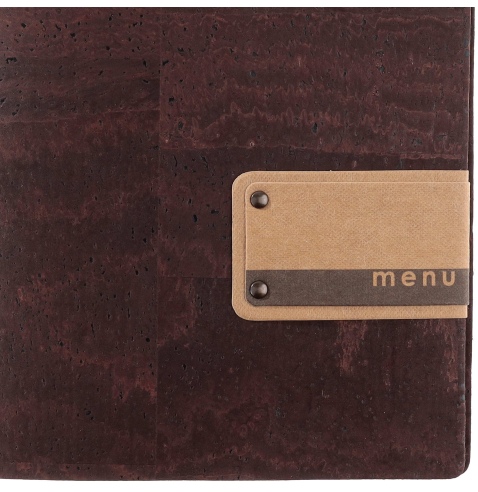 Porta Menu A5 (16,5x23,1 cm) etichetta PATCH "menu" 2 buste (4 facciate) elastico nero SUGHERO MARRONE sp. 2.5
