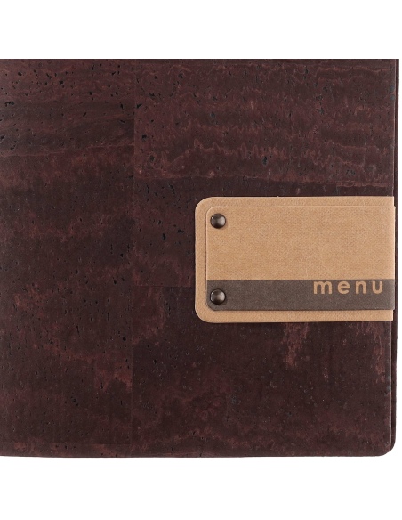 Porta Menu A5 (16,5x23,1 cm) etichetta PATCH "menu" 2 buste (4 facciate) elastico nero SUGHERO MARRONE sp. 2.5