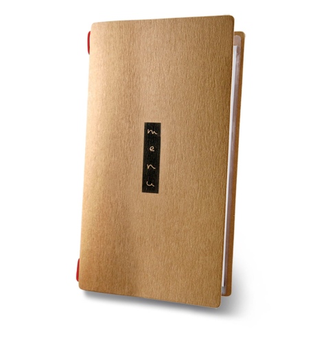 Porta Menu CUSTOM A4 SLIM (17,4x31,8 cm) "ZEN NATURAL menu" 2 buste (4 facciate) elastico rosso ECO NATURALE sp. 0.6
