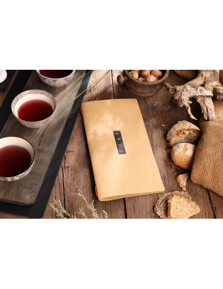 Porta Menu CUSTOM A4 SLIM (17,4x31,8 cm) "ZEN NATURAL menu" 2 buste (4 facciate) elastico rosso ECO NATURALE sp. 0.6
