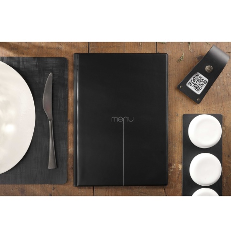 Porta Menu RISTO A4 scritta menu serigrafata 4 buste + 2 tasche NERO