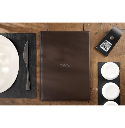 Porta Menu RISTO A4 scritta menu serigrafata 4 buste + 2 tasche CACAO