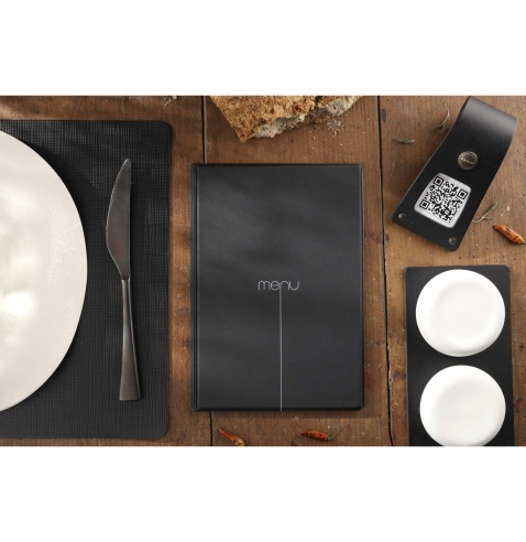 Porta Menu RISTO A5 scritta menu serigrafata 4 buste + 2 tasche NERO