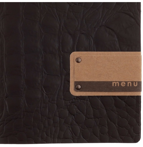 Porta Menu A5 (16,5x23,1 cm) etichetta PATCH "menu" 2 buste (4 facciate) elastico nero FASHION MARRONE COCCODRILLO