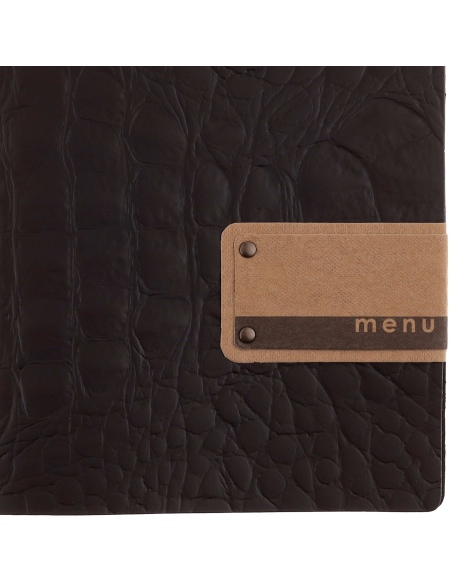 Porta Menu A5 (16,5x23,1 cm) etichetta PATCH "menu" 2 buste (4 facciate) elastico nero FASHION MARRONE COCCODRILLO
