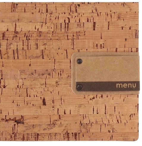 Porta Menu A4 (23,2x31,8 cm) etichetta PATCH "menu" 2 buste (4 facciate) elastico nero SUGHERO NATURALE sp. 1.4