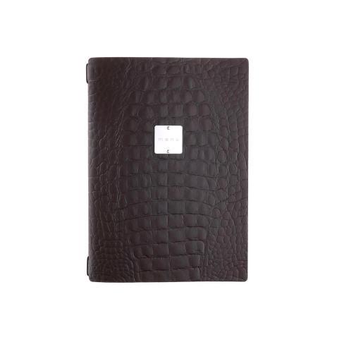 Porta Menu A4 (23,2x31,8 cm) etichetta METAL "menu" 2 buste (4 facciate) elastico nero FASHION MARRONE COCCODRILLO