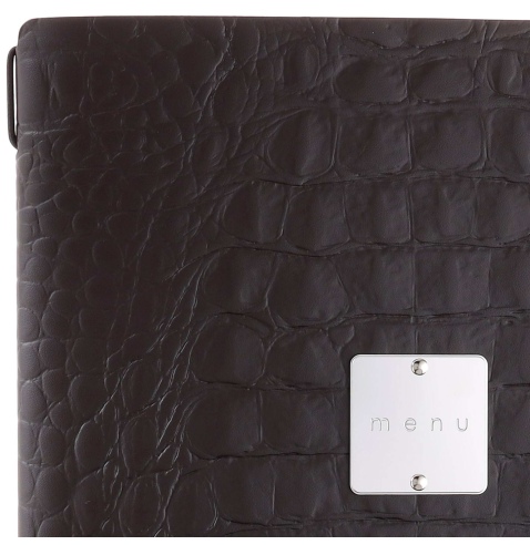 Porta Menu A4 (23,2x31,8 cm) etichetta METAL "menu" 2 buste (4 facciate) elastico nero FASHION MARRONE COCCODRILLO