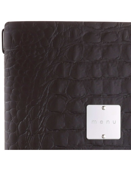 Porta Menu A4 (23,2x31,8 cm) etichetta METAL "menu" 2 buste (4 facciate) elastico nero FASHION MARRONE COCCODRILLO