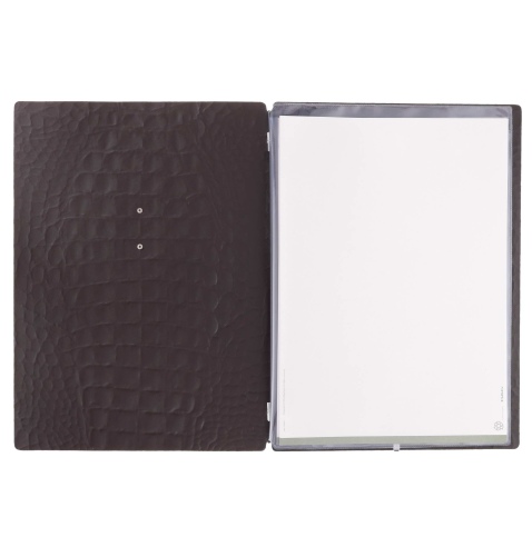 Porta Menu A4 (23,2x31,8 cm) etichetta METAL "personalizzata" (minimo 18 pezzi) 2 buste (4 facciate) elastico nero FASHION MARRO