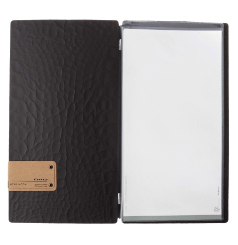 Porta Menu A4 SLIM (17,4x31,8 cm) etichetta PATCH "menu" 2 buste (4 facciate) elastico nero FASHION MARRONE COCCODRILLO