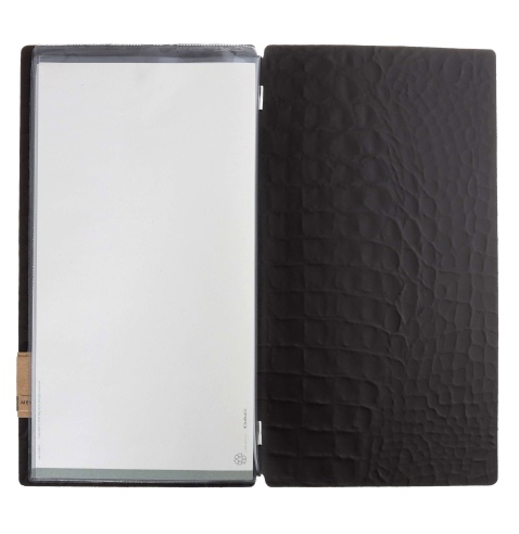 Porta Menu A4 SLIM (17,4x31,8 cm) etichetta PATCH "menu" 2 buste (4 facciate) elastico nero FASHION MARRONE COCCODRILLO