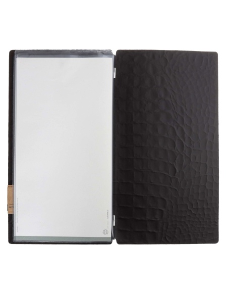 Porta Menu A4 SLIM (17,4x31,8 cm) etichetta PATCH "menu" 2 buste (4 facciate) elastico nero FASHION MARRONE COCCODRILLO