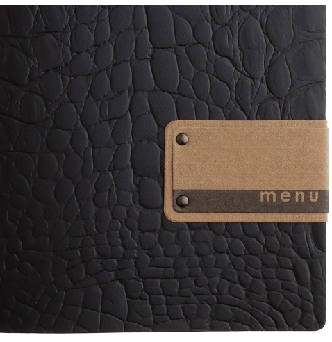 Porta Menu A4 SLIM (17,4x31,8 cm) etichetta PATCH "menu" 2 buste (4 facciate) elastico nero FASHION MARRONE COCCODRILLO