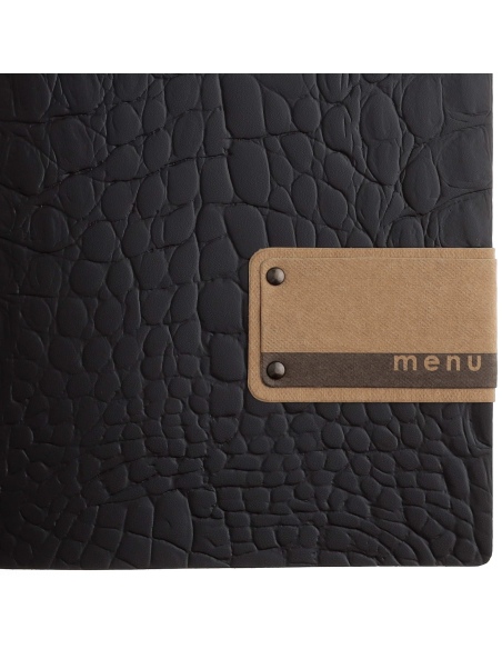 Porta Menu A4 SLIM (17,4x31,8 cm) etichetta PATCH "menu" 2 buste (4 facciate) elastico nero FASHION MARRONE COCCODRILLO
