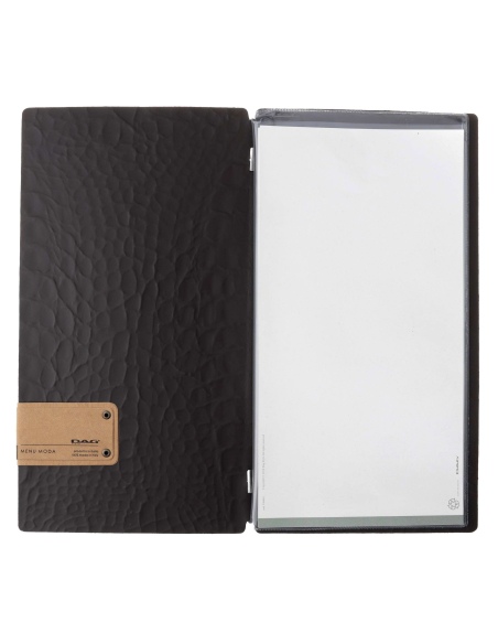 Porta Menu A4 SLIM (17,4x31,8 cm) etichetta PATCH "personalizzata" (minimo 18 pezzi) 2 buste (4 facciate) elastico nero FASHION 
