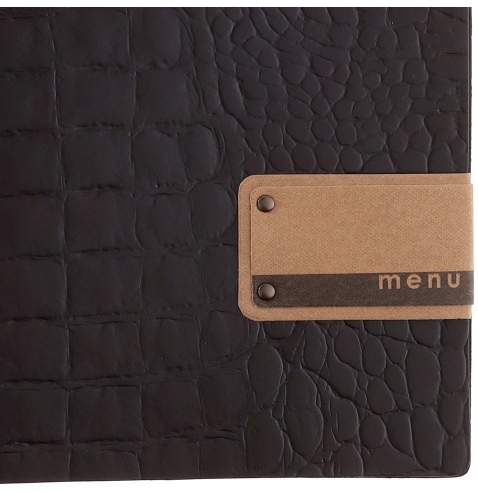 Porta Menu A4 (23,2x31,8 cm) etichetta PATCH "menu" 2 buste (4 facciate) elastico nero FASHION MARRONE COCCODRILLO