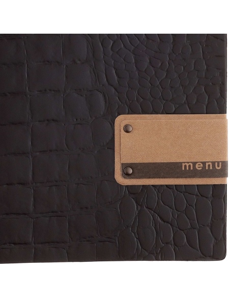 Porta Menu A4 (23,2x31,8 cm) etichetta PATCH "menu" 2 buste (4 facciate) elastico nero FASHION MARRONE COCCODRILLO
