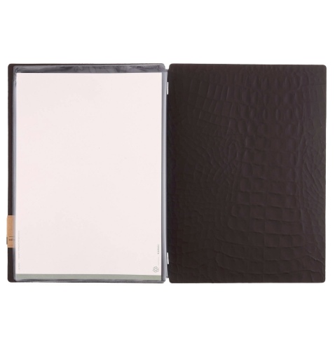 Porta Menu A4 (23,2x31,8 cm) etichetta PATCH "personalizzata" (minimo 18 pezzi) 2 buste (4 facciate) elastico nero FASHION MARRO