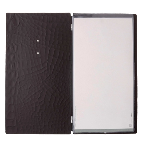 Porta Menu A4 SLIM (17,4x31,8 cm) etichetta METAL "menu" 2 buste (4 facciate) elastico nero FASHION MARRONE COCCODRILLO