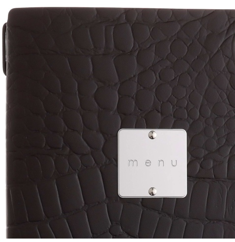 Porta Menu A4 SLIM (17,4x31,8 cm) etichetta METAL "menu" 2 buste (4 facciate) elastico nero FASHION MARRONE COCCODRILLO