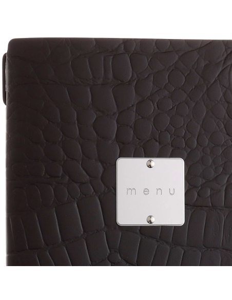 Porta Menu A4 SLIM (17,4x31,8 cm) etichetta METAL "menu" 2 buste (4 facciate) elastico nero FASHION MARRONE COCCODRILLO