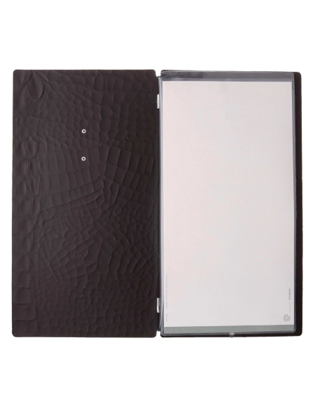 Porta Menu A4 SLIM (17,4x31,8 cm) etichetta METAL "personalizzata" (minimo 18 pezzi) 2 buste (4 facciate) elastico nero FASHION 