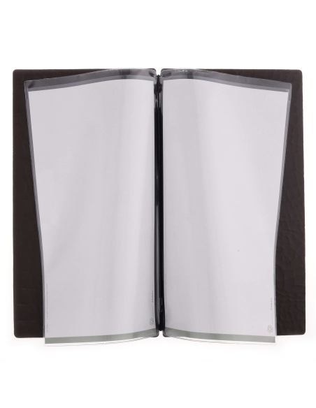 Porta Menu A4 SLIM (17,4x31,8 cm) etichetta METAL "personalizzata" (minimo 18 pezzi) 2 buste (4 facciate) elastico nero FASHION 