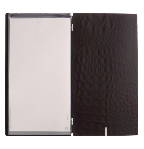 Porta Menu A4 SLIM (17,4x31,8 cm) etichetta METAL "personalizzata" (minimo 18 pezzi) 2 buste (4 facciate) elastico nero FASHION 