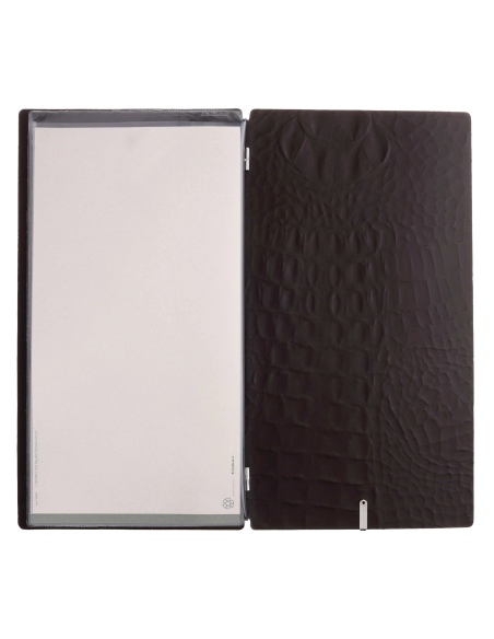 Porta Menu A4 SLIM (17,4x31,8 cm) etichetta METAL "personalizzata" (minimo 18 pezzi) 2 buste (4 facciate) elastico nero FASHION 