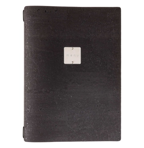 Porta Menu A4 (23,2x31,8 cm) etichetta METAL "menu" 2 buste (4 facciate) elastico nero SUGHERO NERO sp. 2.5