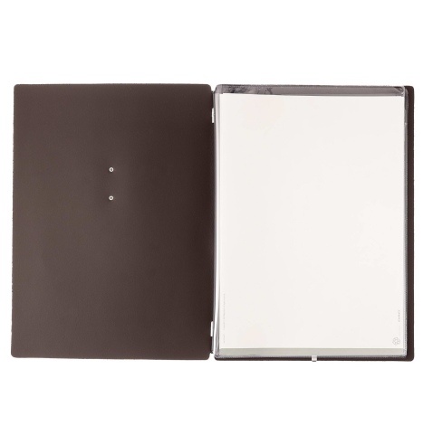 Porta Menu A4 (23,2x31,8 cm) etichetta METAL "personalizzata" (minimo 18 pezzi) 2 buste (4 facciate) elastico nero SUGHERO MARRO
