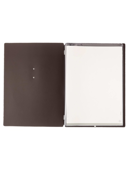 Porta Menu A4 (23,2x31,8 cm) etichetta METAL "personalizzata" (minimo 18 pezzi) 2 buste (4 facciate) elastico nero SUGHERO MARRO