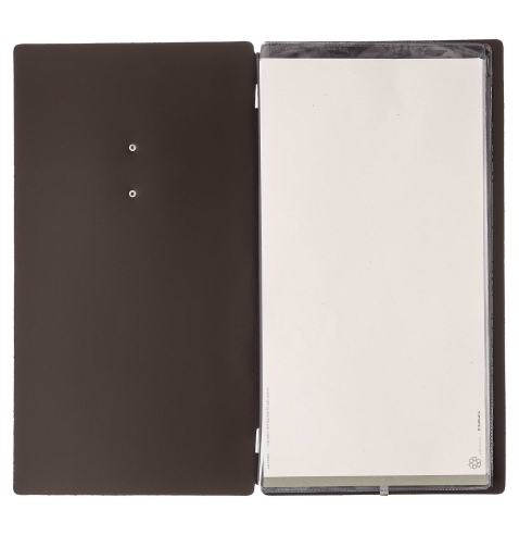 Porta Menu A4 SLIM (17,4x31,8 cm) etichetta METAL "personalizzata" (minimo 18 pezzi) 2 buste (4 facciate) elastico nero SUGHERO 