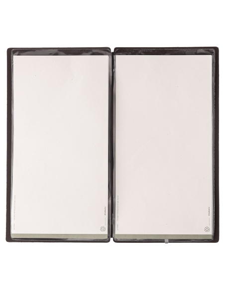 Porta Menu A4 SLIM (17,4x31,8 cm) etichetta METAL "personalizzata" (minimo 18 pezzi) 2 buste (4 facciate) elastico nero SUGHERO 
