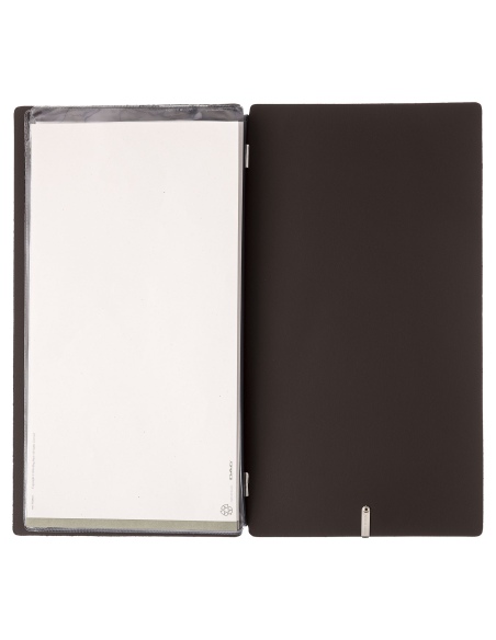 Porta Menu A4 SLIM (17,4x31,8 cm) etichetta METAL "personalizzata" (minimo 18 pezzi) 2 buste (4 facciate) elastico nero SUGHERO 