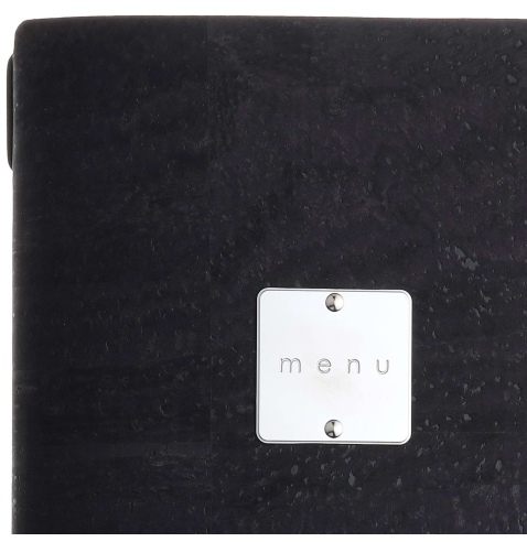 Porta Menu A4 SLIM (17,4x31,8 cm) etichetta METAL "menu" 2 buste (4 facciate) elastico nero SUGHERO NERO sp. 2.5