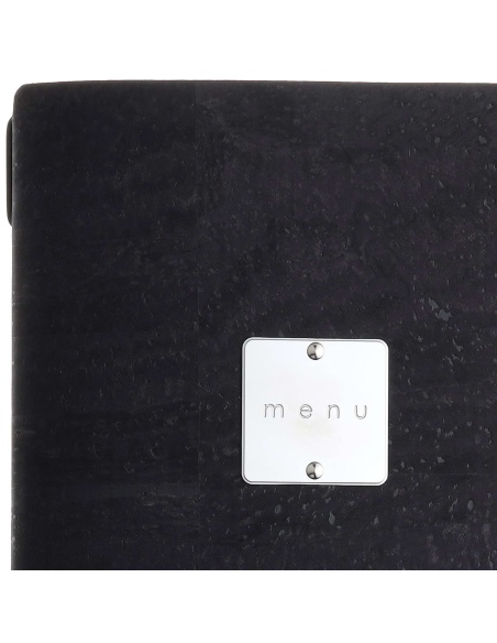 Porta Menu A4 SLIM (17,4x31,8 cm) etichetta METAL "menu" 2 buste (4 facciate) elastico nero SUGHERO NERO sp. 2.5