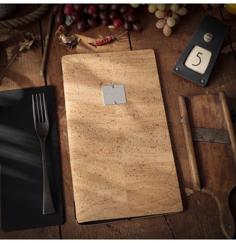 Porta Menu A4 SLIM (17,4x31,8 cm) etichetta METAL "menu" solo elastico nero SUGHERO NATURALE sp. 1.4